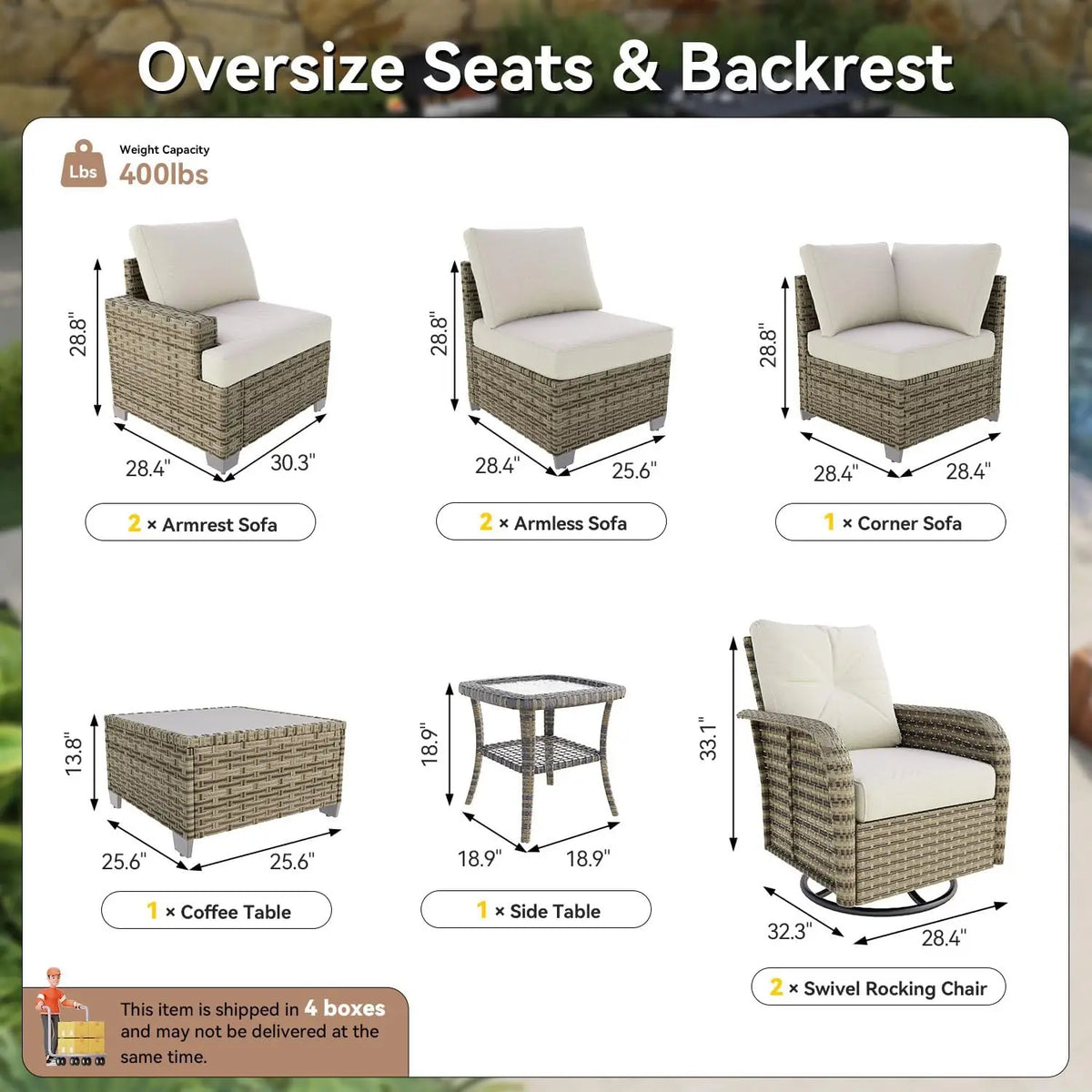 AOXUN Outdoor Rattan Sectional Sofa Set With Swivel Rocker Chairs
