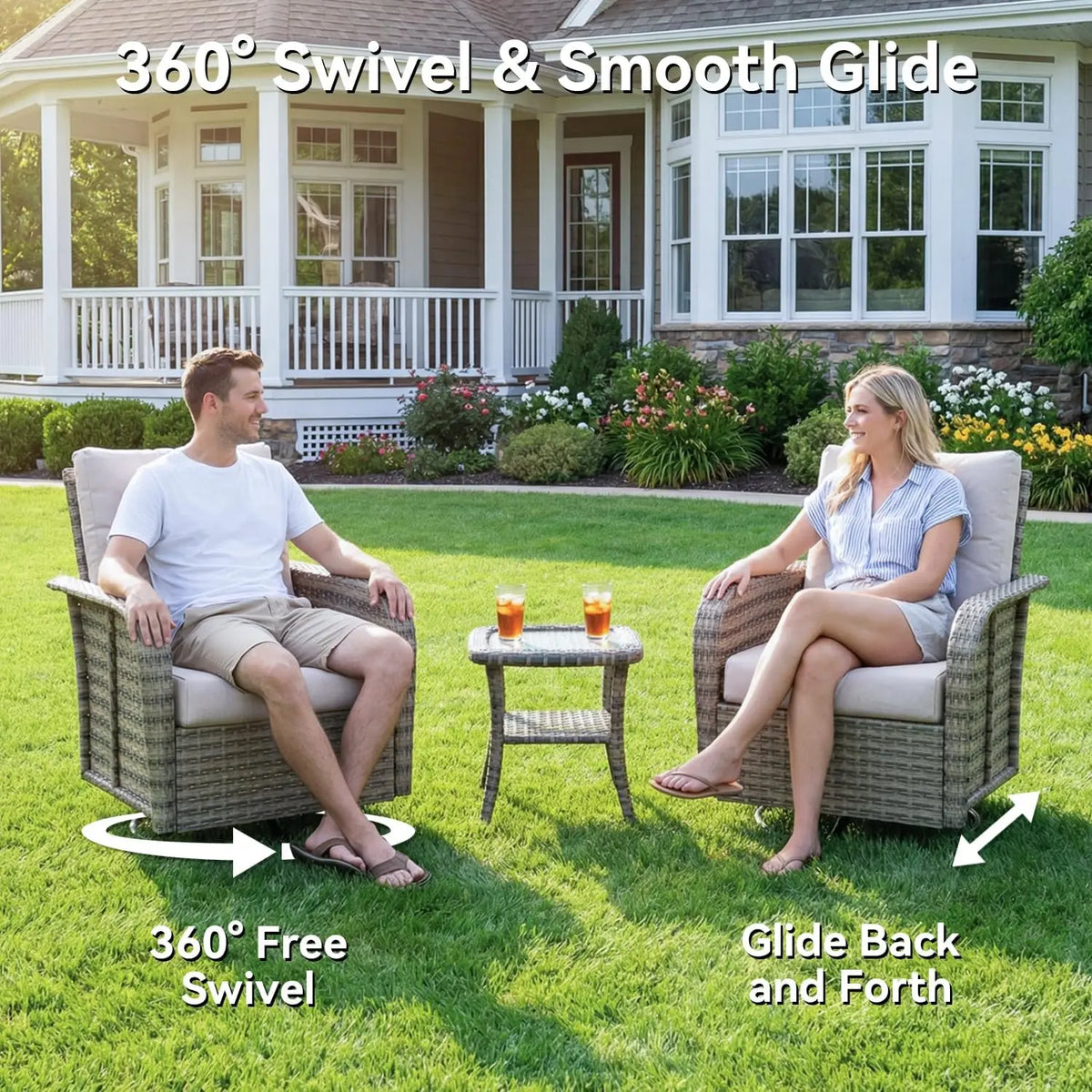 AOXUN Outdoor Rattan Sectional Sofa Set With Swivel Rocker Chairs