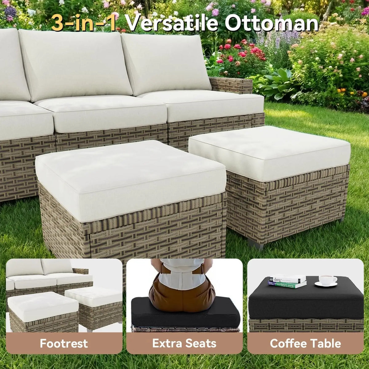 AOXUN Outdoor Rattan Sectional Sofa Set With Swivel Rocker Chairs
