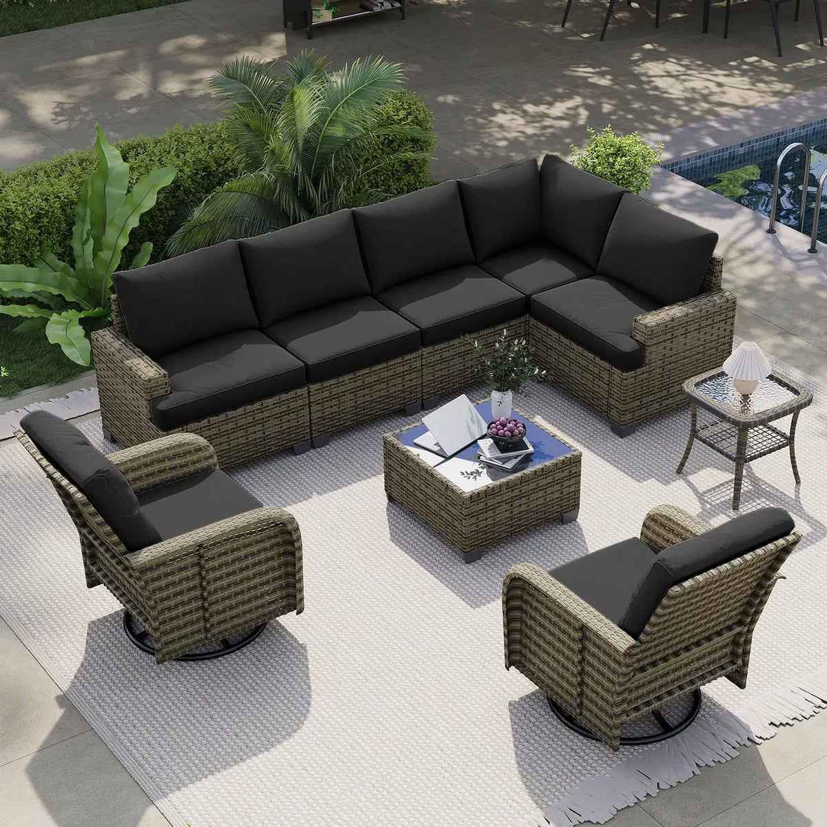 AOXUN Outdoor Rattan Sectional Sofa Set With Swivel Rocker Chairs