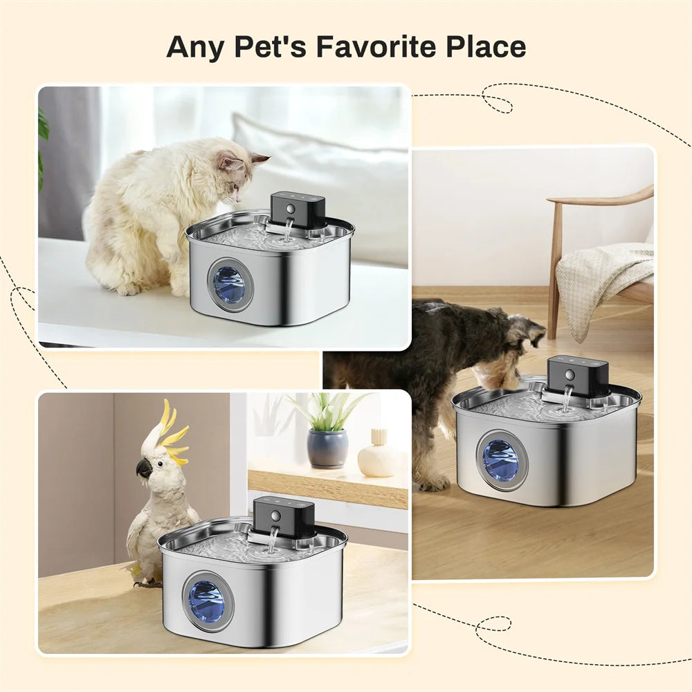 Wireless Stainless Steel Pet Water Fountain, 3.2L Automatic Cat Water Feeder with Motion Sensor, Dog Water Bowl(No 5V 1A Plug)