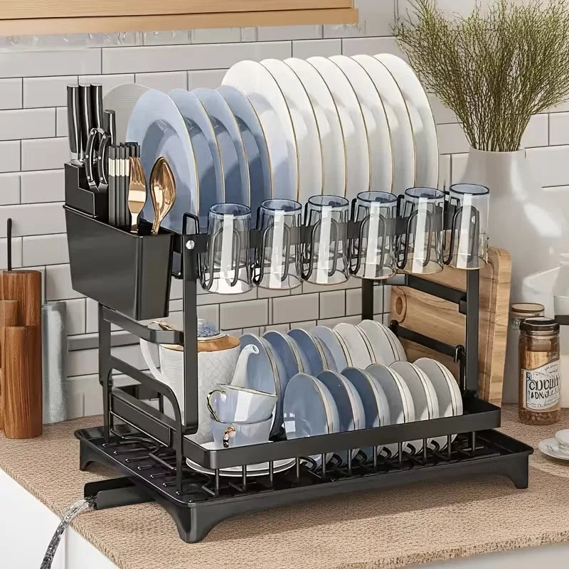 Two Tier Kitchen Dish Drying Rack With Automatic Drainage