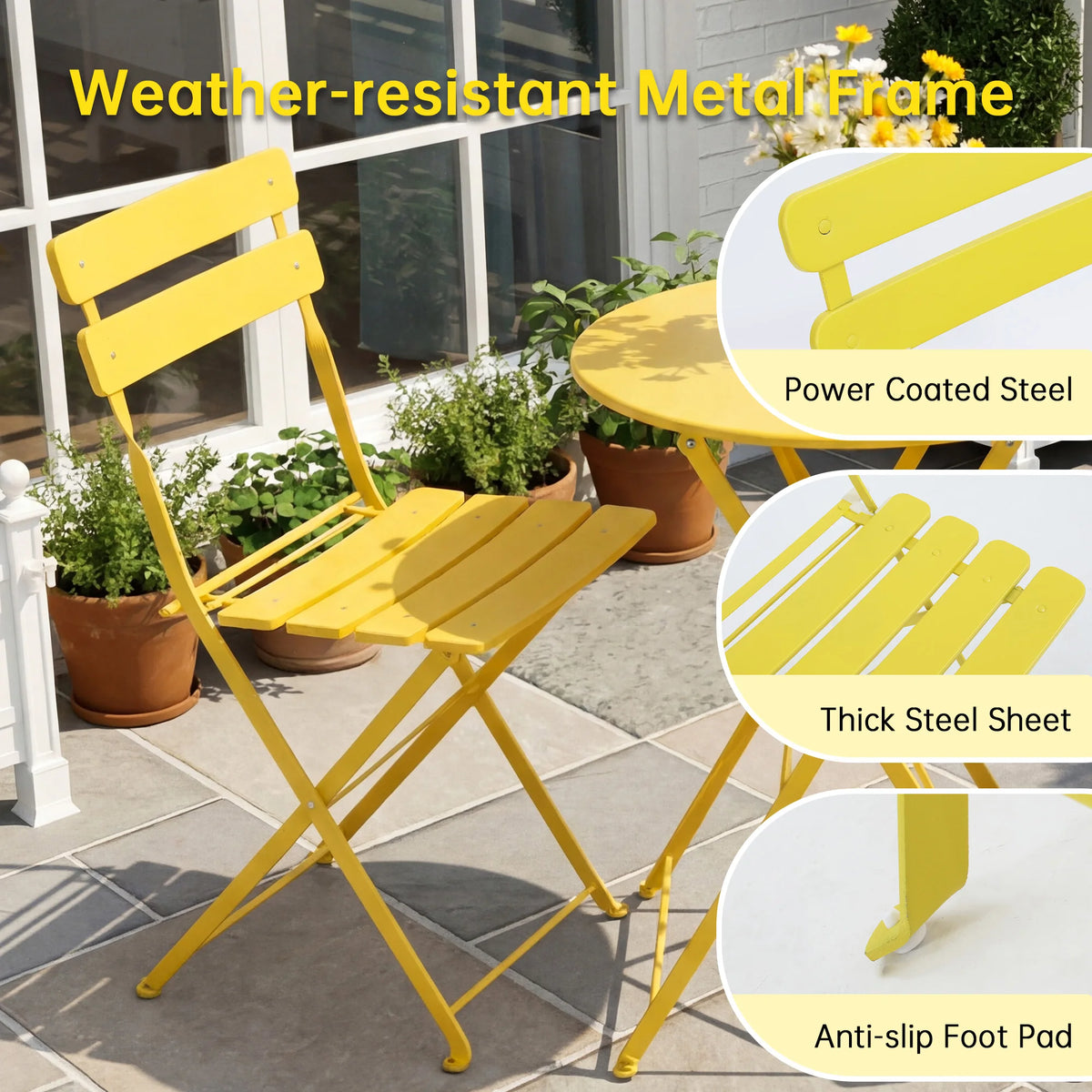 TUAREX Folding Steel Bistro Set With Two Outdoor Chairs