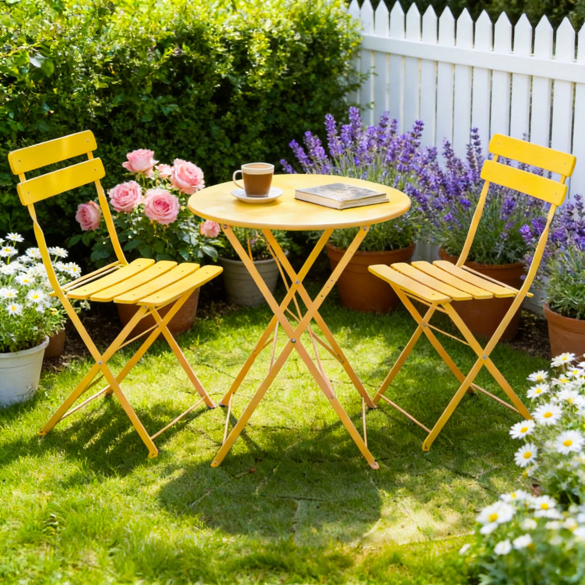 TUAREX Folding Steel Bistro Set With Two Outdoor Chairs
