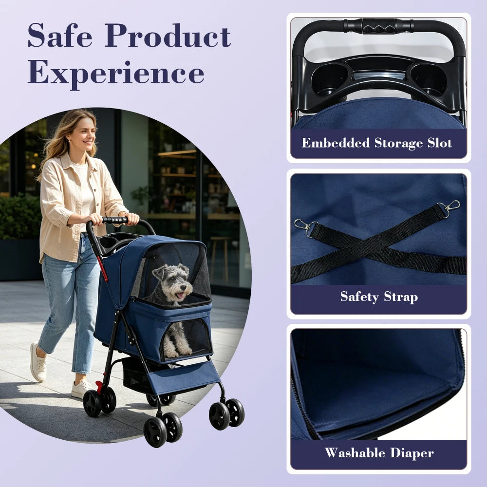 Foldable Pet Stroller for Small Dogs and Cats Under 28 Lbs with Multi-Functional Tray 2 Safety Leashes Cat Outdoor Supplies FYPC