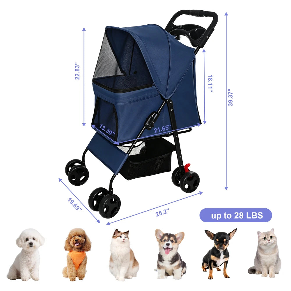 Foldable Pet Stroller for Small Dogs and Cats Under 28 Lbs with Multi-Functional Tray 2 Safety Leashes Cat Outdoor Supplies FYPC