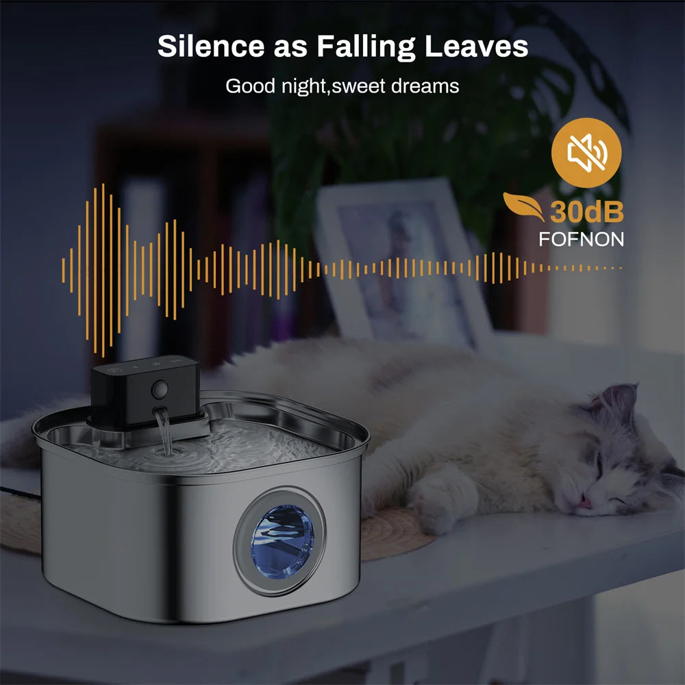 Wireless Stainless Steel Pet Water Fountain, 3.2L Automatic Cat Water Feeder with Motion Sensor, Dog Water Bowl(No 5V 1A Plug)