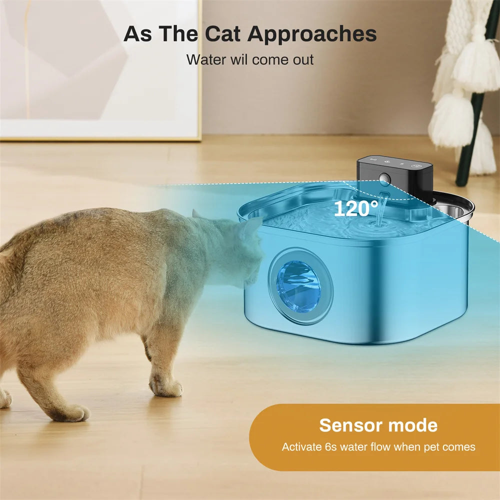 Wireless Stainless Steel Pet Water Fountain, 3.2L Automatic Cat Water Feeder with Motion Sensor, Dog Water Bowl(No 5V 1A Plug)