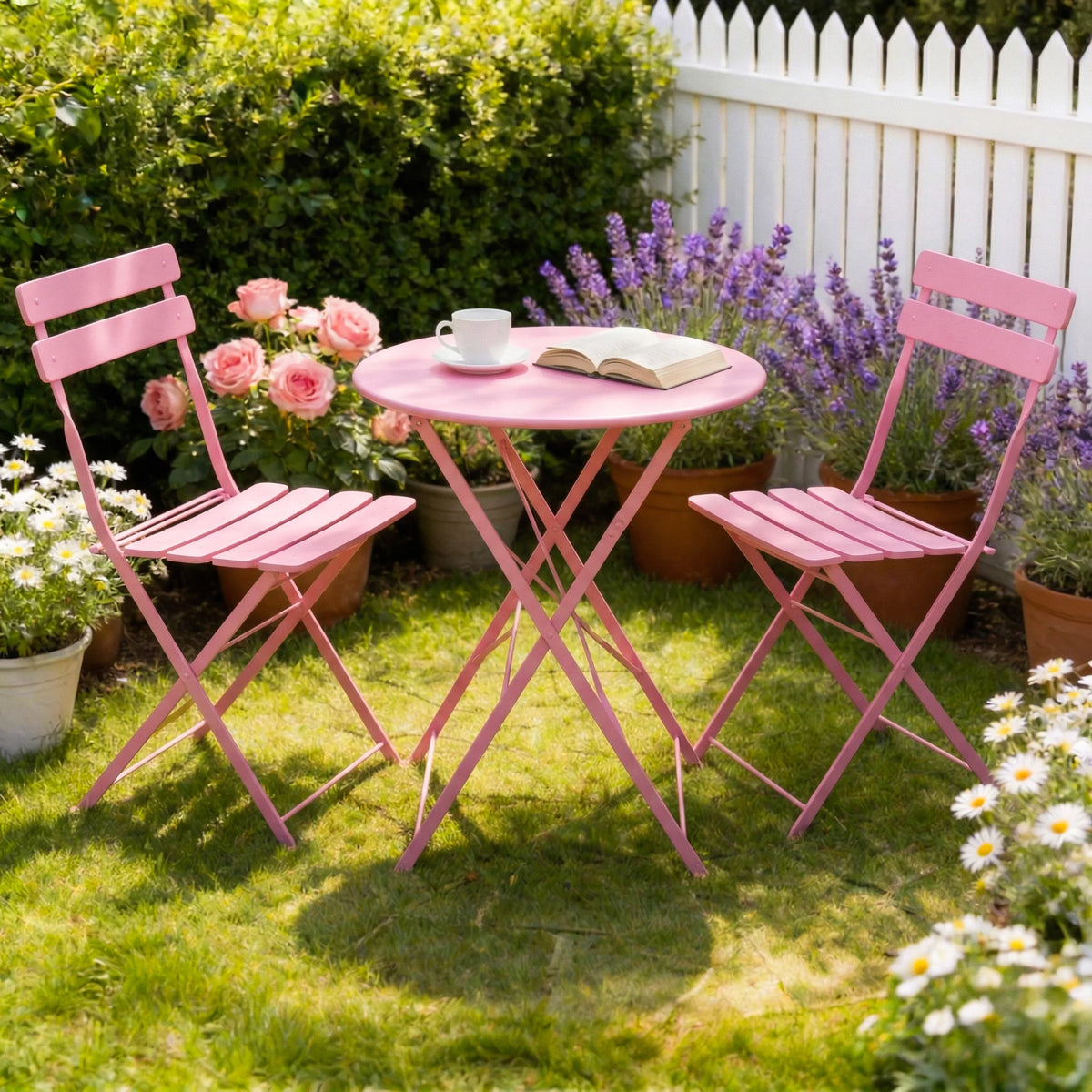 TUAREX Folding Steel Bistro Set With Two Outdoor Chairs