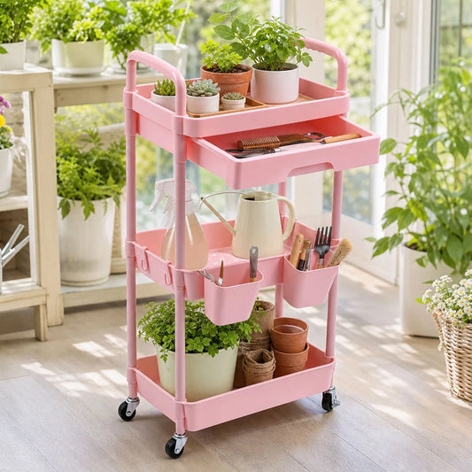 3-Tier Rolling Storage Cart with Pull-out Drawer, Lockable Wheels, Hanging Cups, Multifunctional Mobile Organizer Trolley for Kitchen Bathroom Living Room