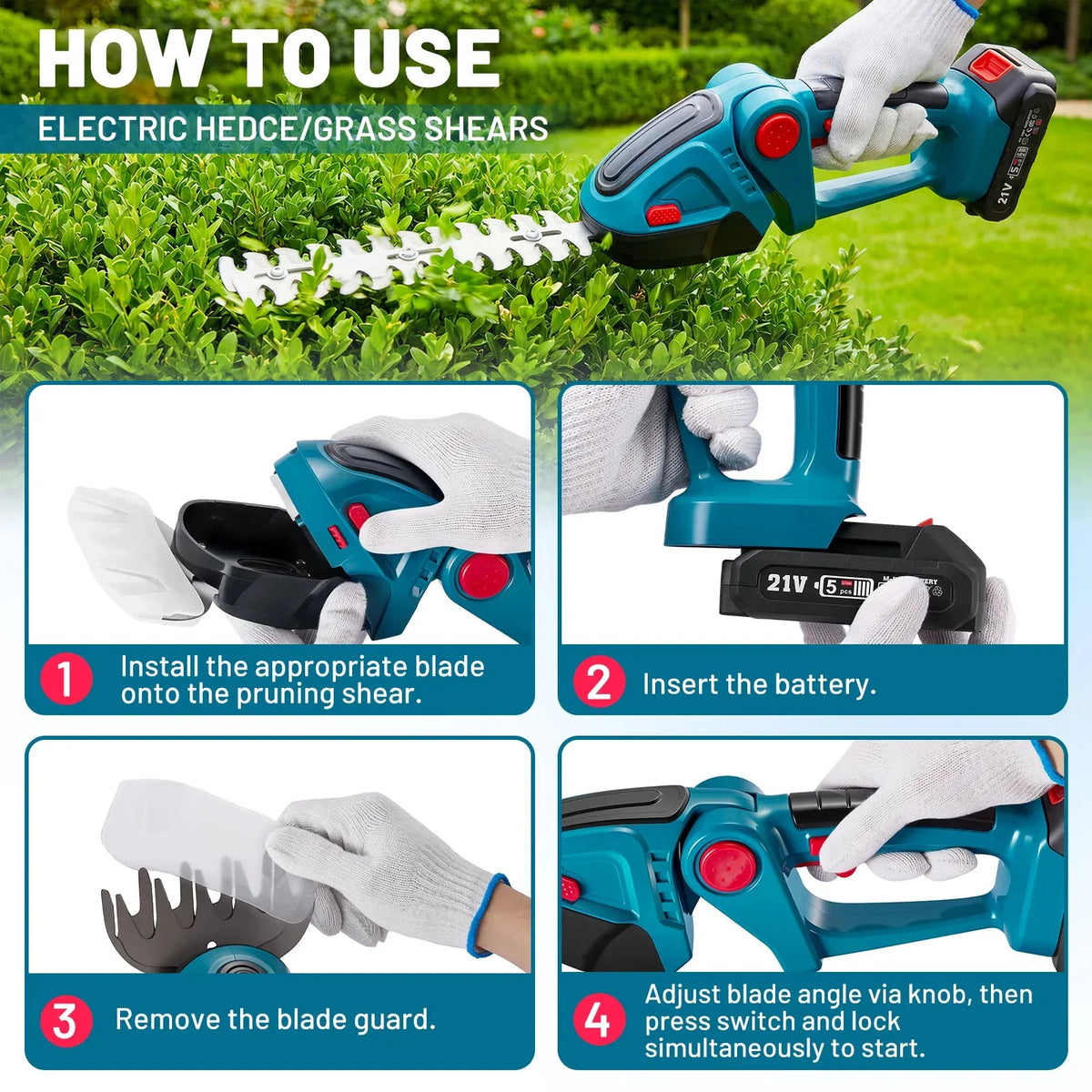Cordless Hedge Trimmer 2 in 1 Handheld Grass Trimmer 90° Rotatable Blade Shrub Pruning Cutter 2000mAh Li-ion Battery for Home Garden Lawn Care Tools