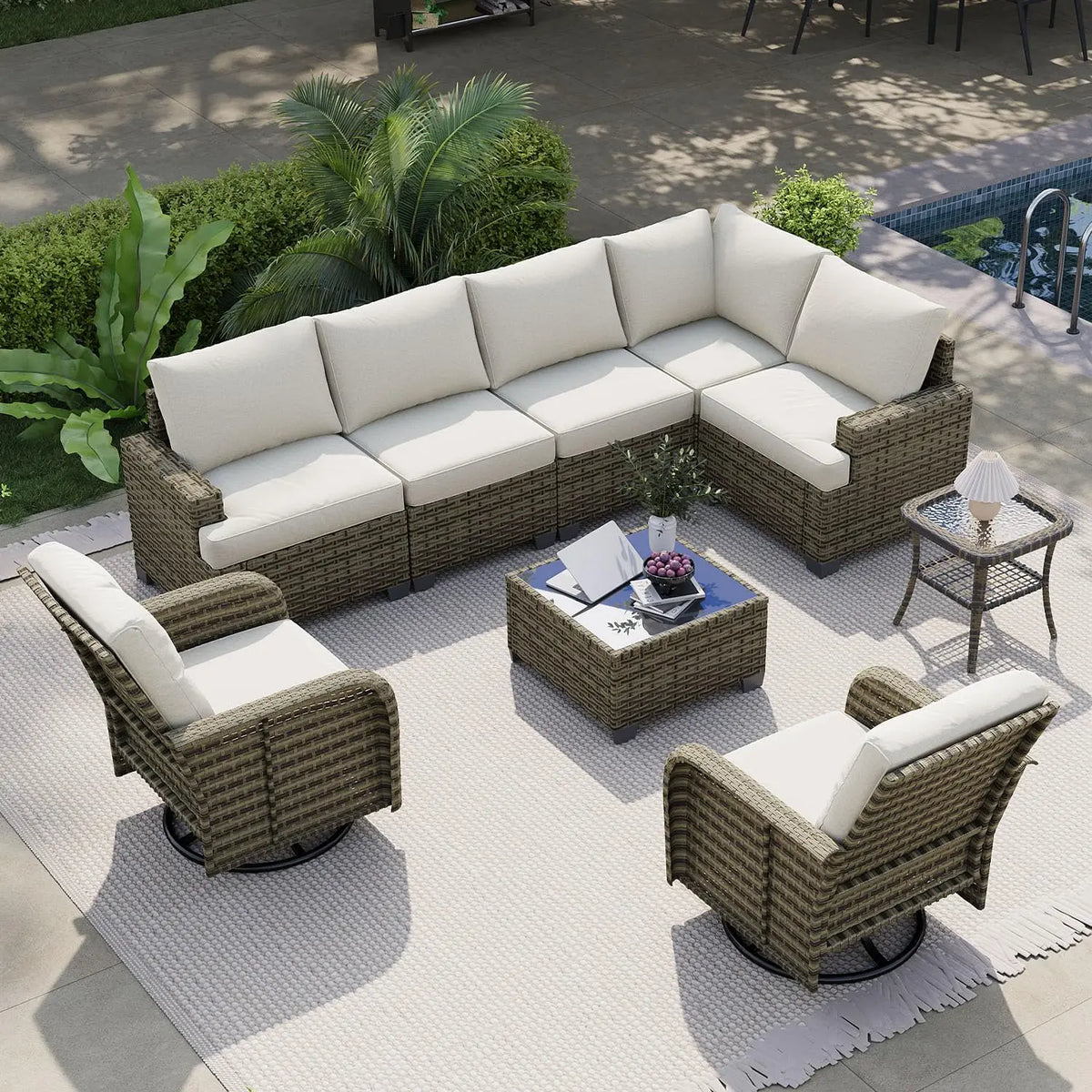 AOXUN Outdoor Rattan Sectional Sofa Set With Swivel Rocker Chairs