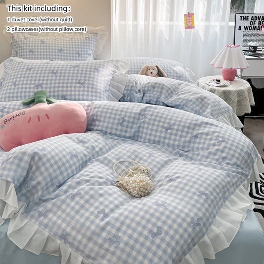 Three Piece Bowknot Print Duvet Cover Set With Ruffled Bedding
