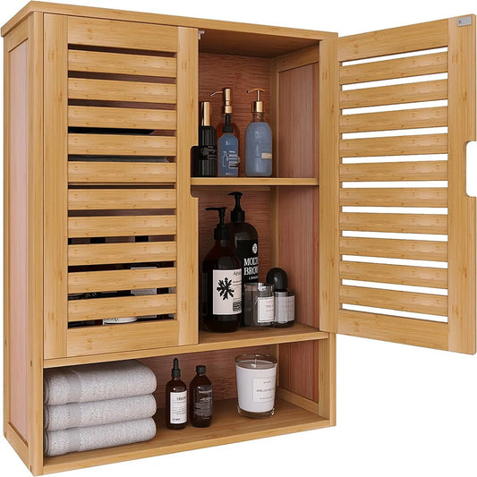 Natural Bamboo Wall Cabinet For Bathroom With Adjustable Storage Shelf