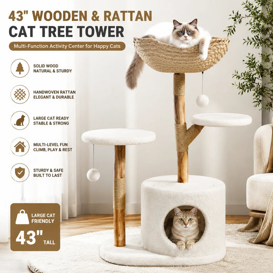 Wooden Cat Tree With Rattan Multi Level Climbing Activity Center