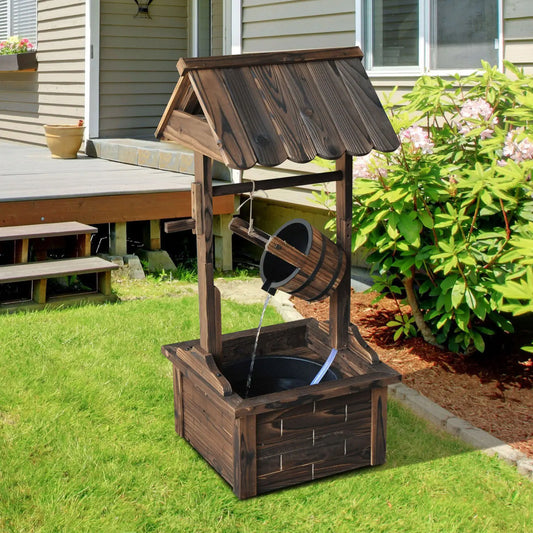 Wishing Well Wooden Outdoor Electric Water Fountain Backyard Decorative w/Pump
