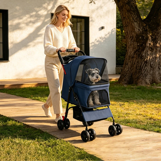 Foldable Pet Stroller for Small Dogs and Cats Under 28 Lbs with Multi-Functional Tray 2 Safety Leashes Cat Outdoor Supplies FYPC