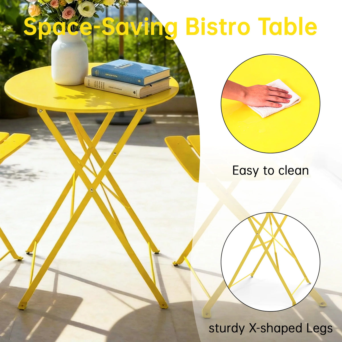 TUAREX Folding Steel Bistro Set With Two Outdoor Chairs