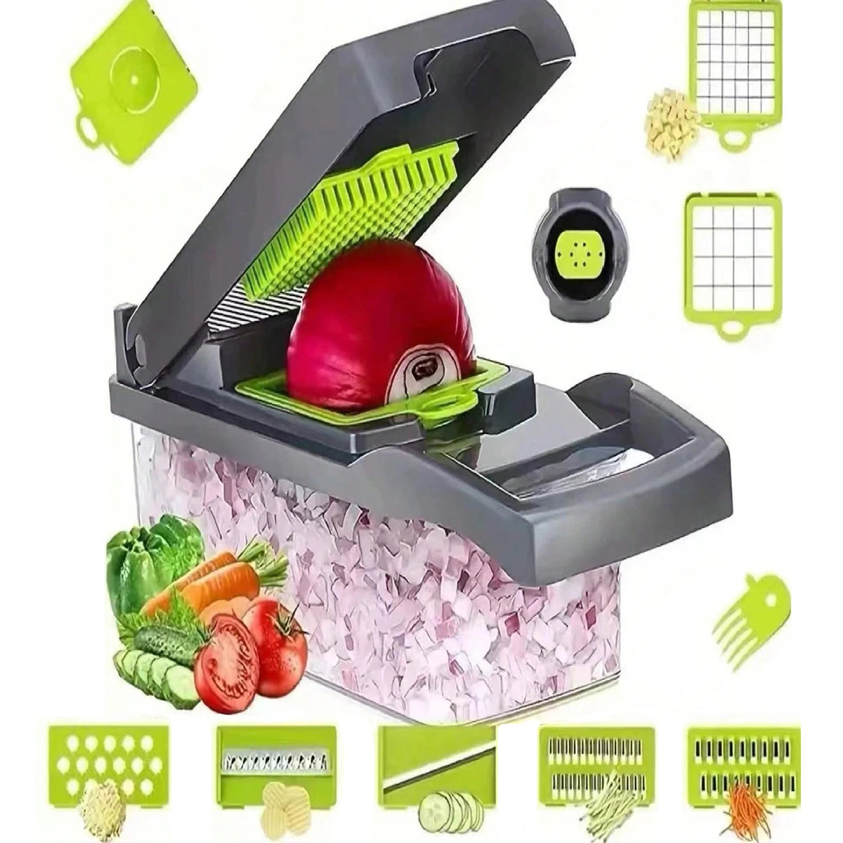 16 in 1 Multifunctional Vegetable Chopper, Onion Dicer Fruit Slicer, Potato Cutter with Storage Container, Kitchen Gadget for Fast Meal Prep, Vegetable Cutting Accessories