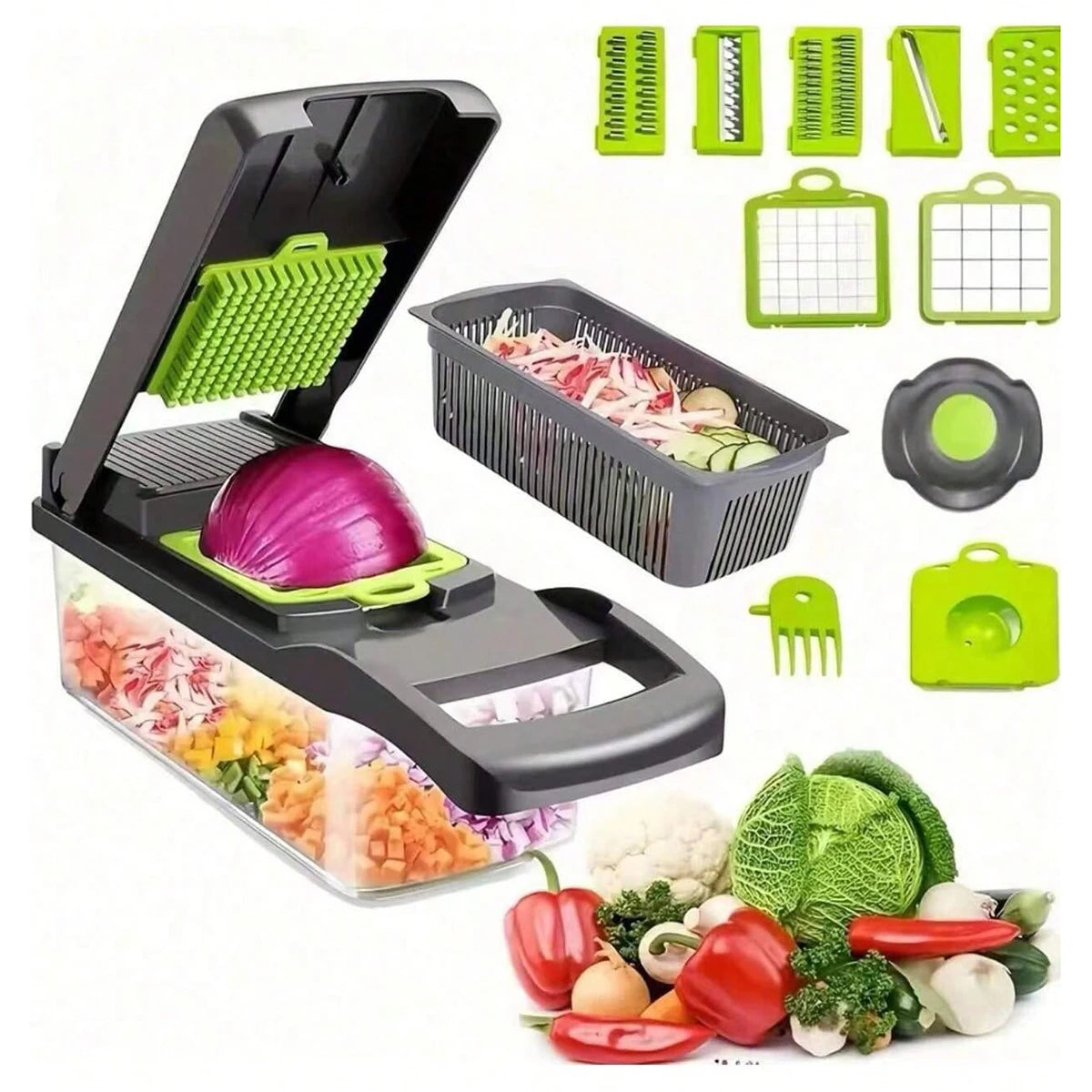 16 in 1 Multifunctional Vegetable Chopper, Onion Dicer Fruit Slicer, Potato Cutter with Storage Container, Kitchen Gadget for Fast Meal Prep, Vegetable Cutting Accessories