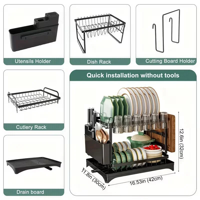 Two Tier Kitchen Dish Drying Rack With Automatic Drainage