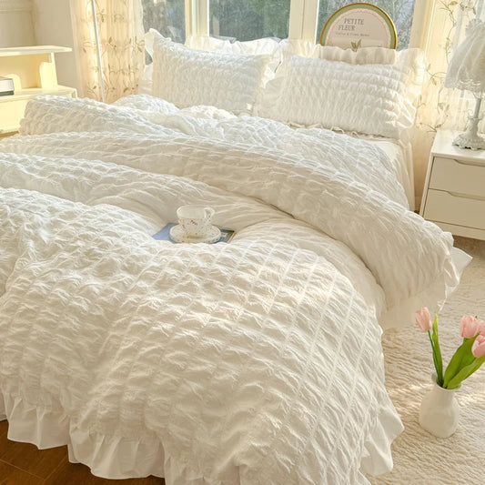 Korean Lace Seersucker Duvet Cover Bedding Set With Pillowcases