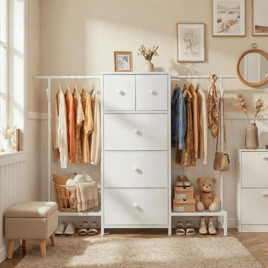 EnHomee Dresser with Five Drawers, Hanging Rack and Shoe Storage