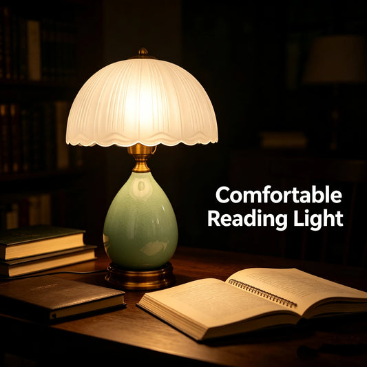 Vintage Crackle Ceramic Table Lamp With Pleated Frosted Glass Shade