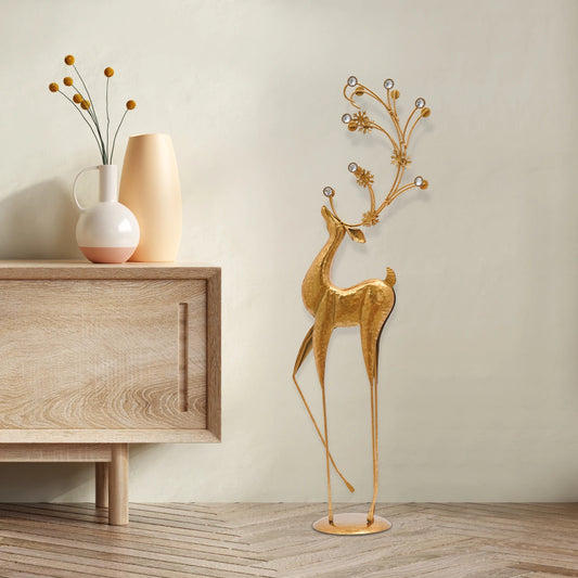 Retro Gold Deer Statue Metal Reindeer Figurines Modern Elegant Indoor Holiday Decor Statue for Homes Offices Cafés Star Hotels 27*13*85cm/10.63*5.12*33.46in