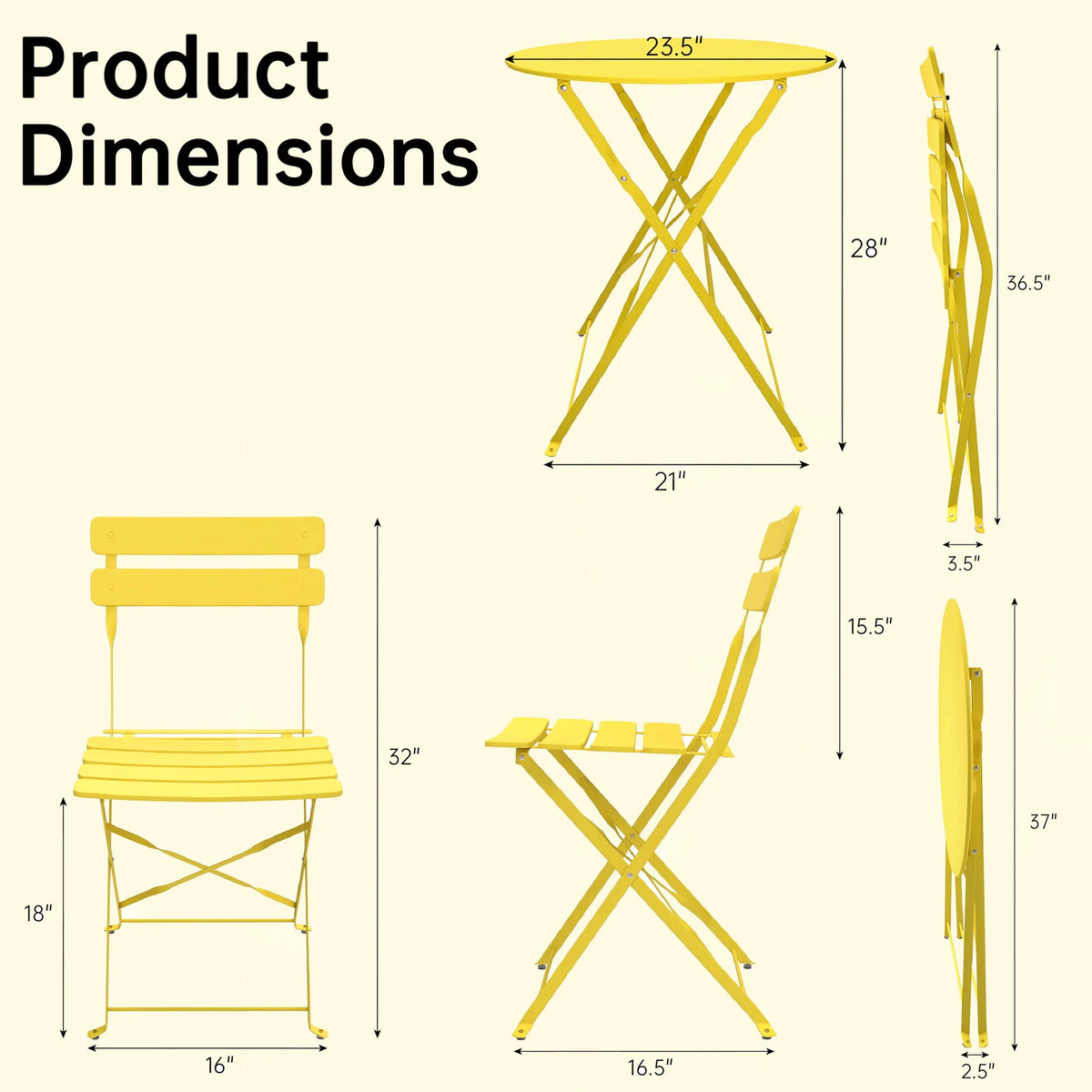 TUAREX Folding Steel Bistro Set With Two Outdoor Chairs