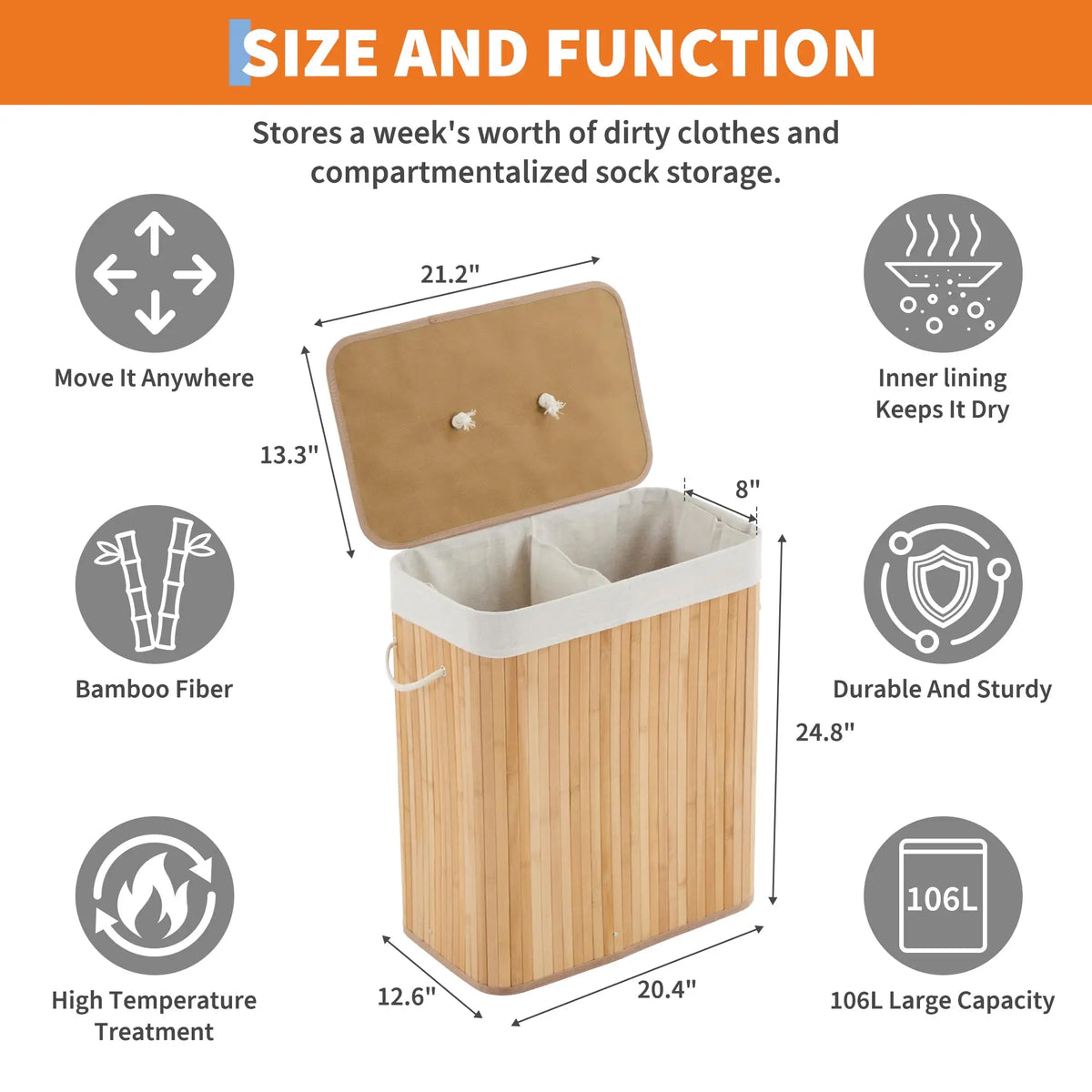 HiMISS Bamboo Laundry Hamper With Removable Divided Liner And Lid