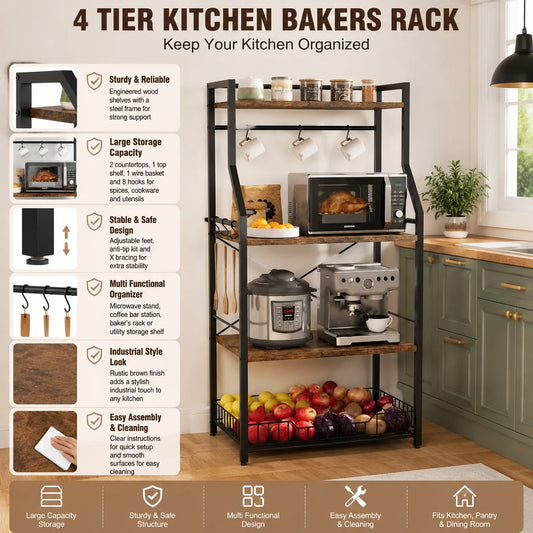 Kitchen Bakers Rack With Microwave Stand And Storage Shelves