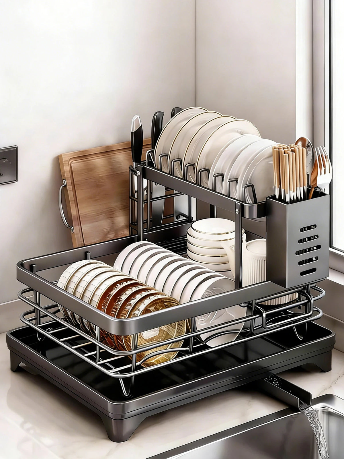 Two Tier Kitchen Dish Drying Rack With Automatic Drainage