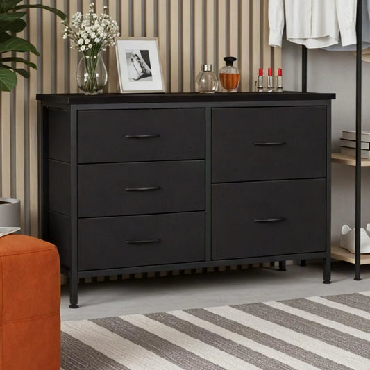 MCQ Cabinet With 5 Fabric Drawers Metal Frame Beside Nightstand Dresser TV Stand Tables Various Storage Display Home Furniture