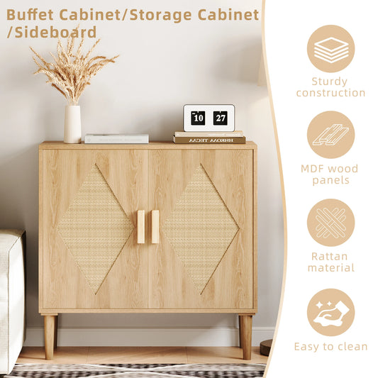 Boho Rattan Two Door Storage Cabinet With Adjustable Shelf