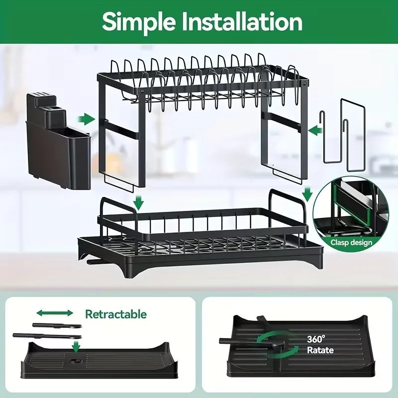 Two Tier Kitchen Dish Drying Rack With Automatic Drainage