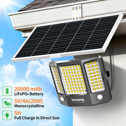 intelamp Outdoor Solar Flood Lights 20000mAh 3 Color With Super Large Solar Panel 16.4 FT Cable For Yard Backyard Porch Driveway