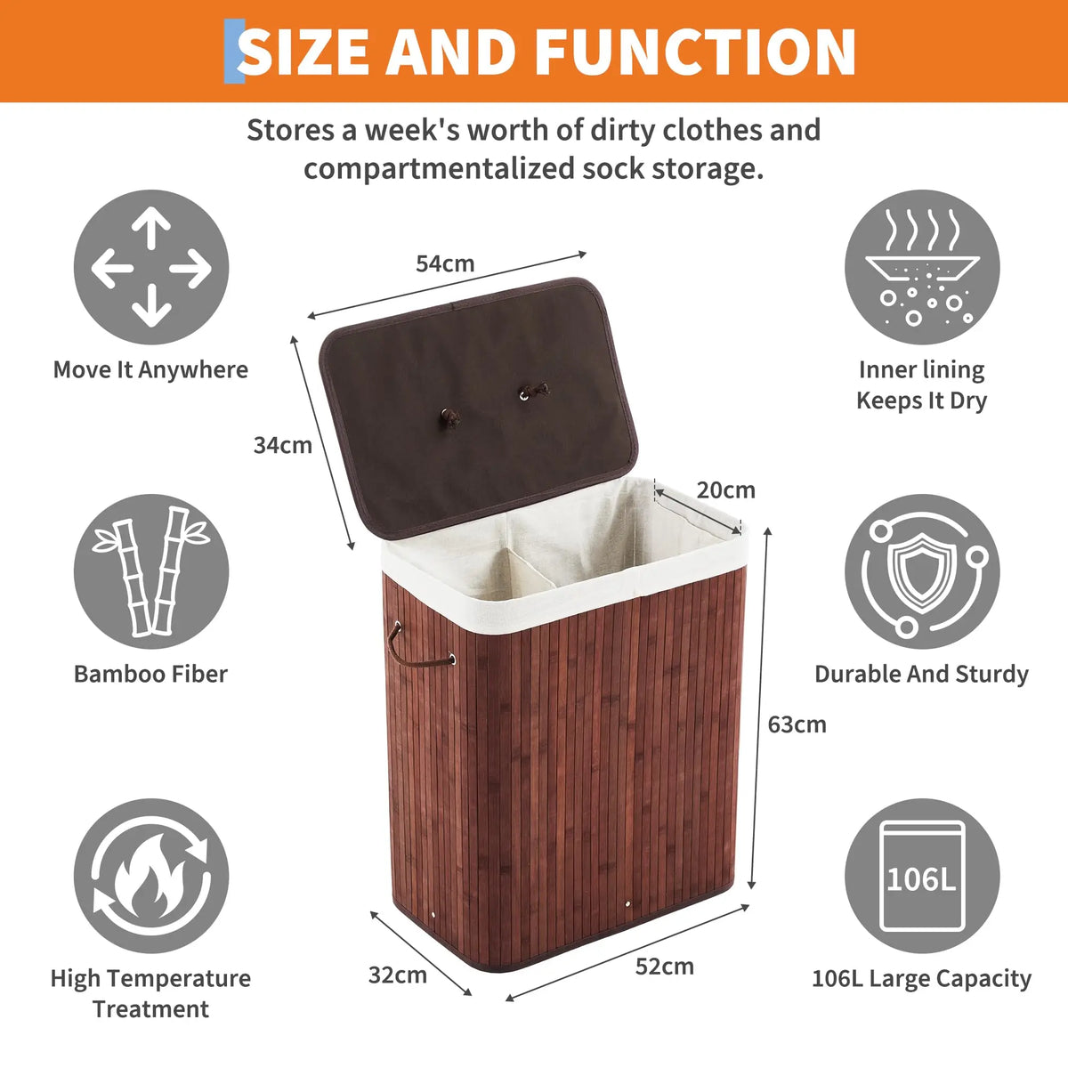 HiMISS Bamboo Laundry Hamper With Removable Divided Liner And Lid