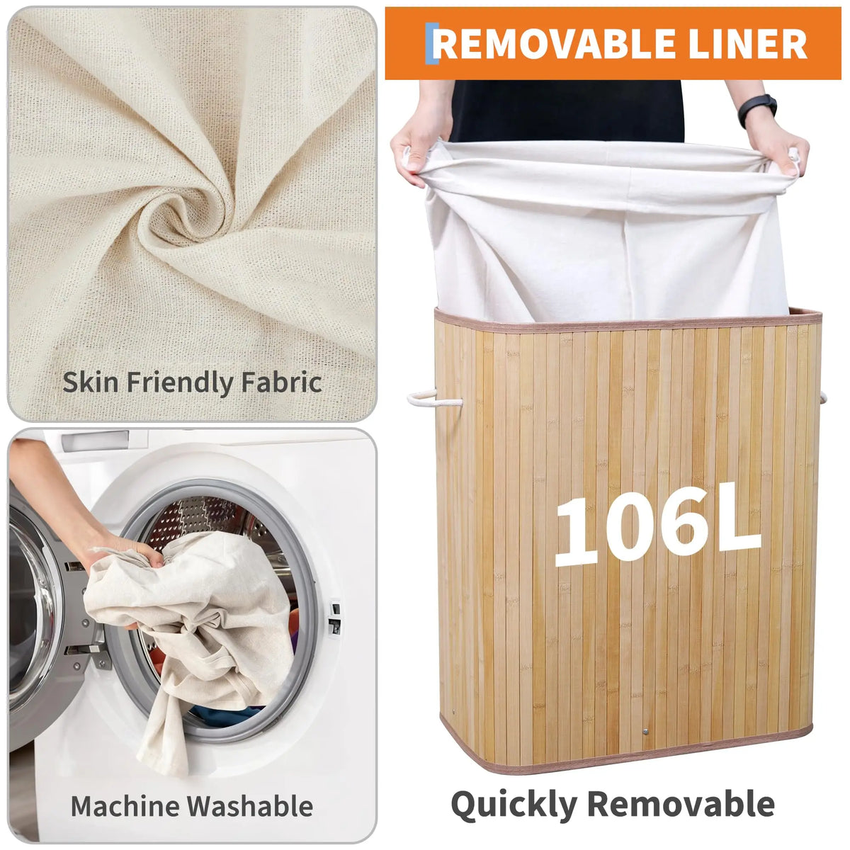 HiMISS Bamboo Laundry Hamper With Removable Divided Liner And Lid