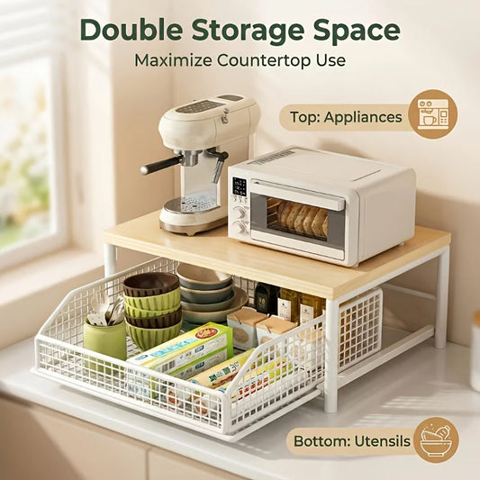 Storage Rack, Space-saving White Countertop Storage Shelf / Kitchen Microwave Stand / Riser with Drawer - Heavy-duty Upgraded Pine Wood and Metal Structure, for tableware and dish storage and household item organization.