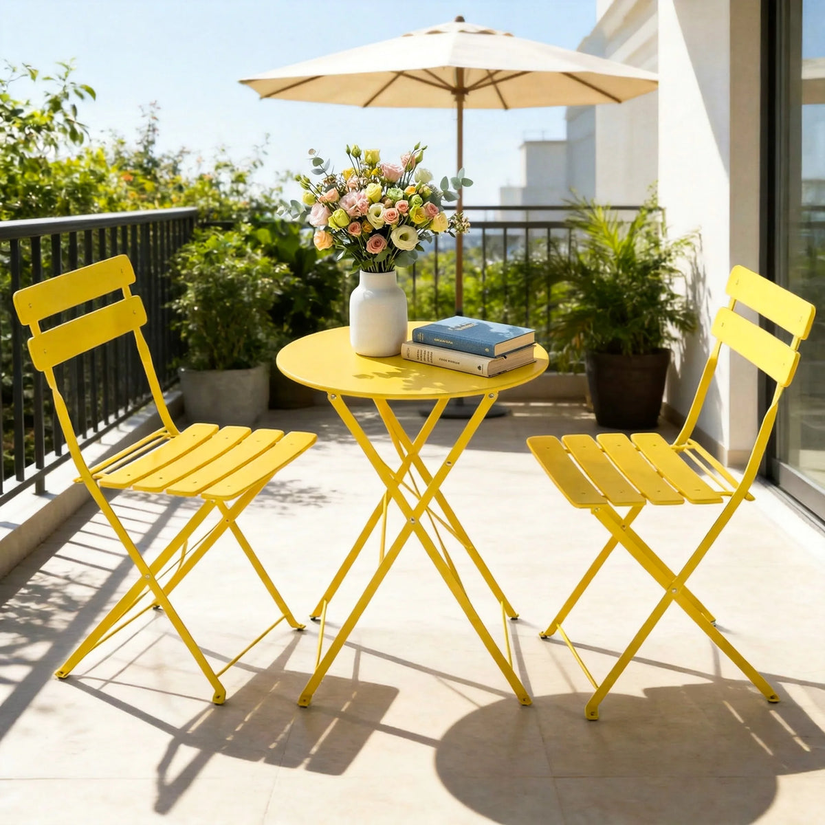 TUAREX Folding Steel Bistro Set With Two Outdoor Chairs