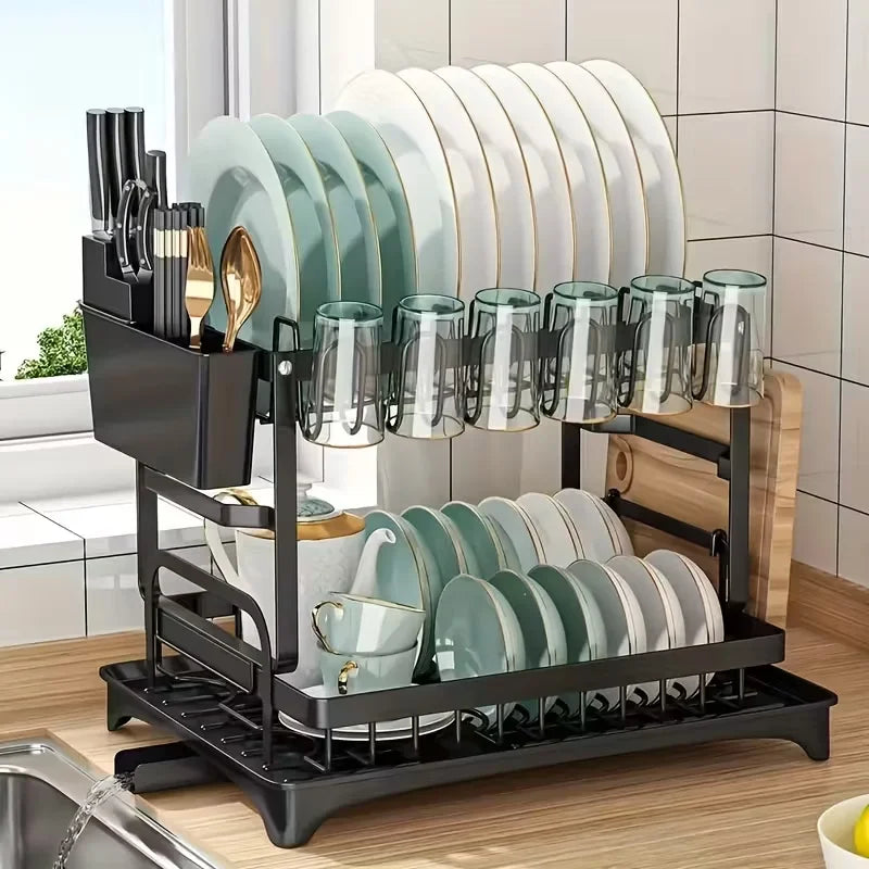 Two Tier Kitchen Dish Drying Rack With Automatic Drainage