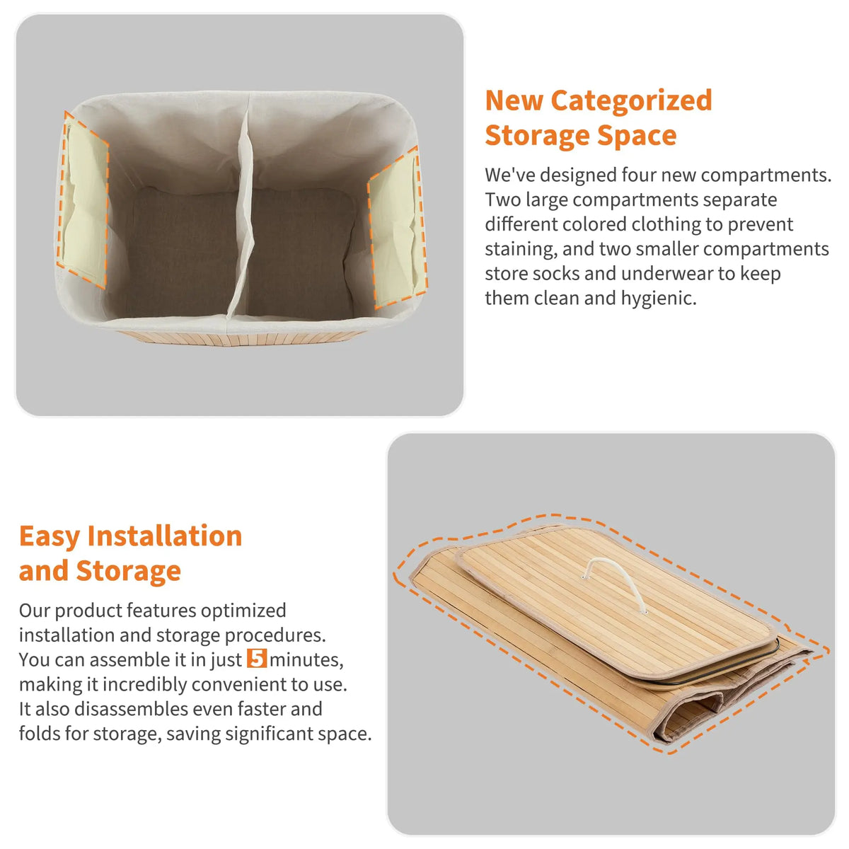 HiMISS Bamboo Laundry Hamper With Removable Divided Liner And Lid