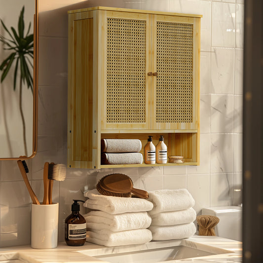Bamboo Over Toilet Storage Cabinet With Three Shelves And Doors
