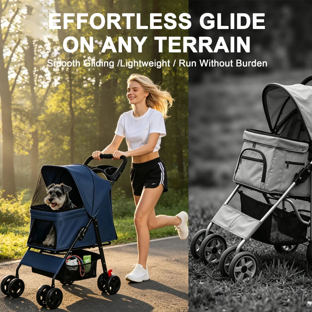 Foldable Pet Stroller for Small Dogs and Cats Under 28 Lbs with Multi-Functional Tray 2 Safety Leashes Cat Outdoor Supplies FYPC