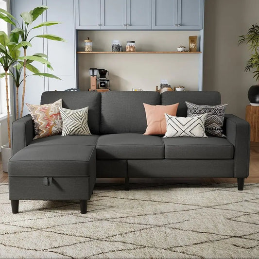 Sectional Soa Couches or Living Room, k Grey 3 Seat L-Shaped Couch with Storage Ottoman, Comy Linen Convertible Sectionals Soas